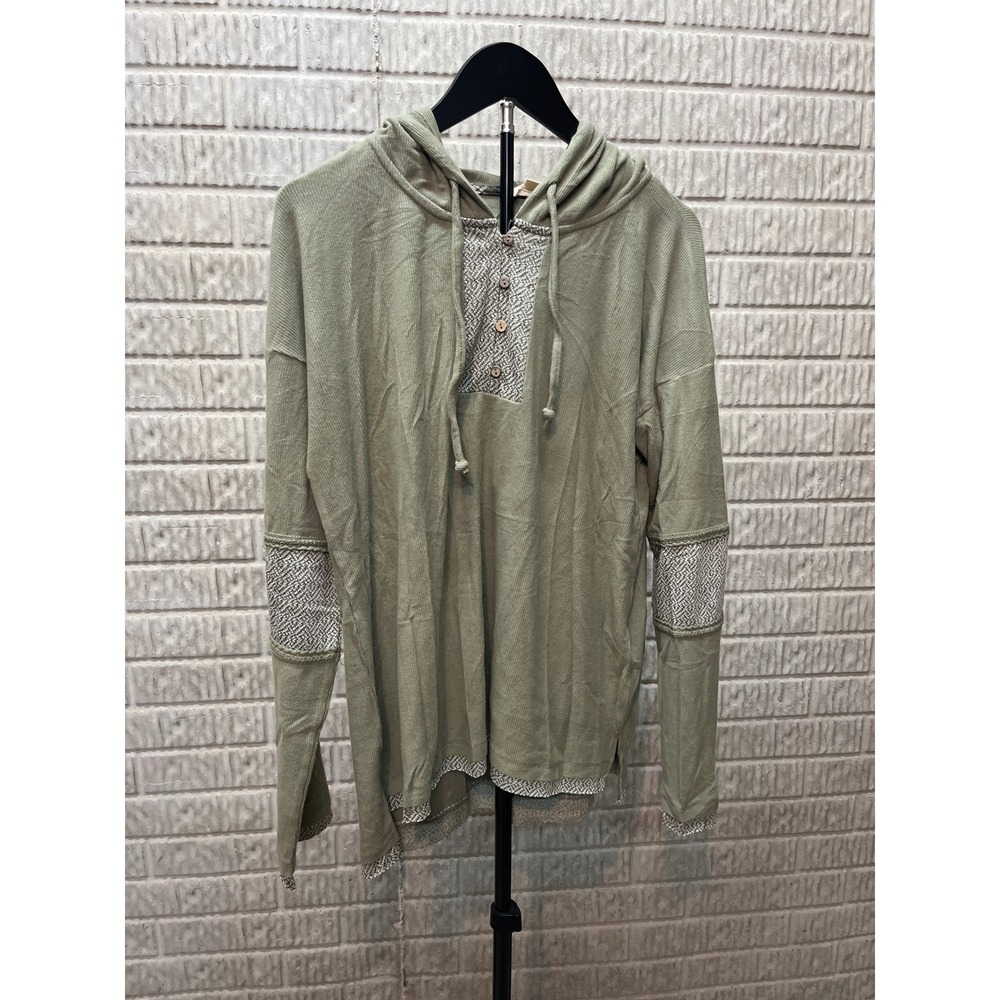 hem & thread Sage Green Hooded Henley Top Women L Textured Sleeve‎ Detail